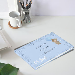 Baby shower jongen blauwe teddybeer glitterstof gastenboek