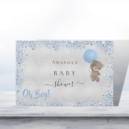 Baby shower jongen blauwe teddybeer glitterstof gastenboek