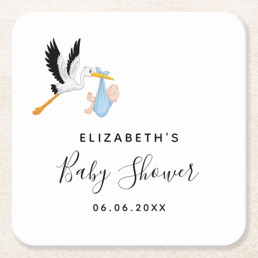 Baby shower Jongen blauwe witte ooievaar Kartonnen Onderzetters (Voorkant)