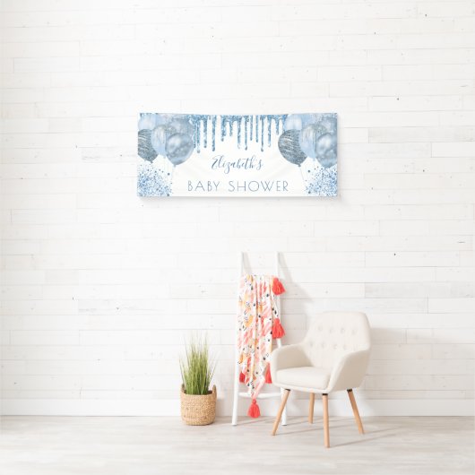 Baby shower jongen blauwe zilveren ballonnen spandoek (Insitu)