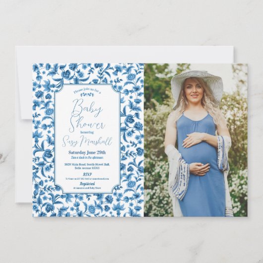Baby Shower Jongen Chintz Blauw foto Bloem Ditsy Kaart (Voorkant)