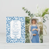 Baby Shower Jongen Chintz Blauw foto Bloem Ditsy Kaart (Staand voorkant)