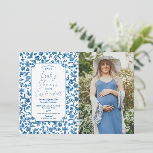 Baby Shower Jongen Chintz Blauw foto Bloem Ditsy Kaart (Staand voorkant)