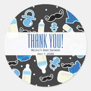 Baby Shower Jongen Dingen Blauw & Grijs Modern Fav Ronde Sticker