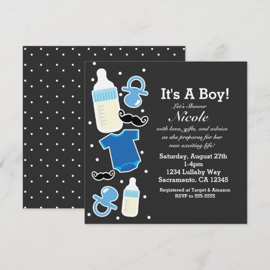 Baby shower Jongen Dingen Blauw & Grijs Modern Kaart (Voorkant / Achterkant)