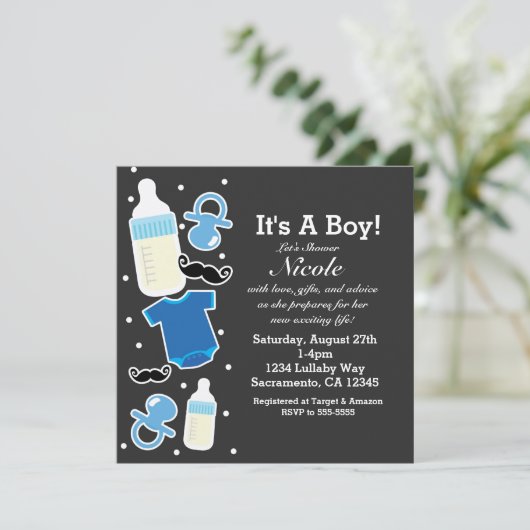 Baby shower Jongen Dingen Blauw & Grijs Modern Kaart (Staand voorkant)