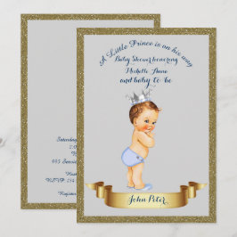 Baby Shower JONGEN, glitters kader, grijs & goud. Kaart