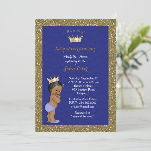 Baby Shower JONGEN,gouden lijst,blauw & goud. Kaart (Staand voorkant)