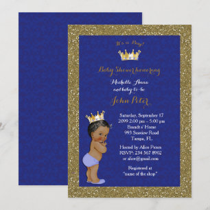 Baby Shower JONGEN,gouden lijst,blauw & goud. Kaart