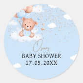 Baby shower jongen licht blauw knuffel beer ronde sticker (Voorkant)