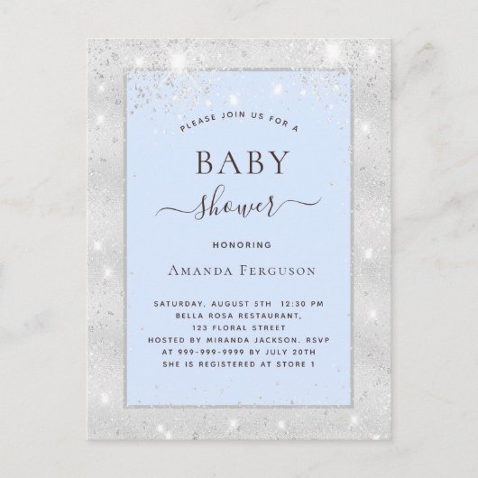 Baby shower jongen lichtblauwe glitter uitnodiging briefkaart (Voorkant)