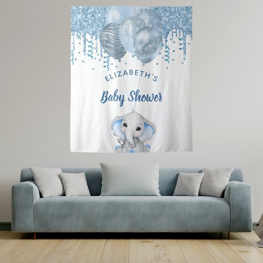 Baby Shower jongen lichtblauwe glitters olifant zi Wandkleed