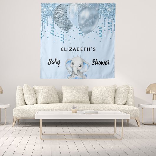 Baby Shower jongen lichtblauwe glitterslang olifan Wandkleed