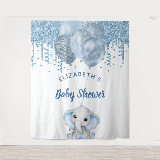 Baby Shower jongen lichtblauwe glitterslurf zilver Wandkleed (Voorkant)