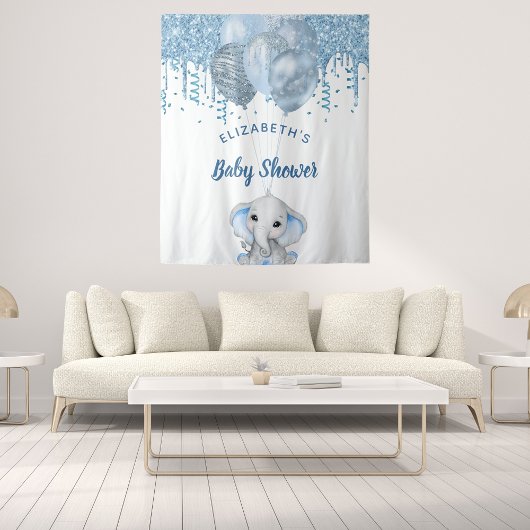 Baby Shower jongen lichtblauwe glitterslurf zilver Wandkleed