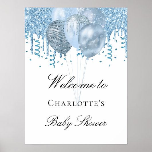 Baby shower jongen lichtblauwe witte glitterballon poster (Voorkant)