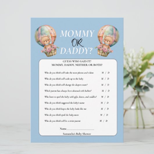 Baby Shower jongen Mama of Papa  Heet Lucht Ballon Kaart (Staand voorkant)