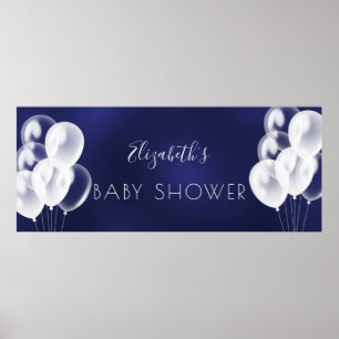 Baby shower jongen marineblauw witte ballonnen naa poster