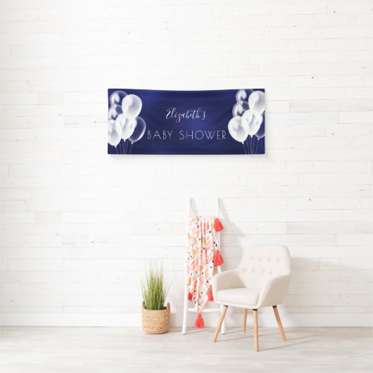 Baby shower jongen marineblauw witte ballonnen naa spandoek (Insitu)