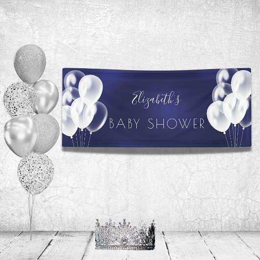 Baby shower jongen marineblauw witte ballonnen naa spandoek