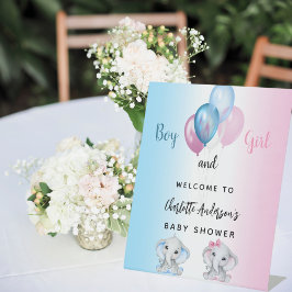 Baby shower jongen meisje blauw roze olifanten wel reclamebord met voetstuk