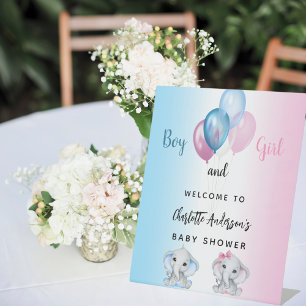 Baby shower jongen meisje blauw roze olifanten wel reclamebord met voetstuk