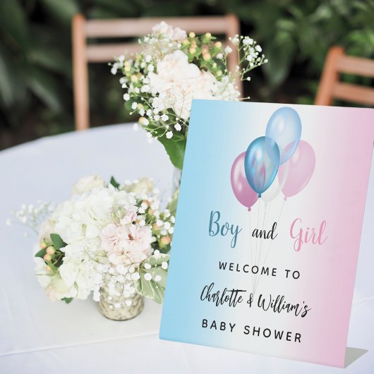 Baby shower jongen meisje blauw roze welkom reclamebord met voetstuk