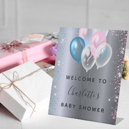 Baby shower jongen meisje blauw roze welkom reclamebord met voetstuk