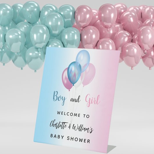 Baby shower jongen meisje blauw roze welkom reclamebord met voetstuk