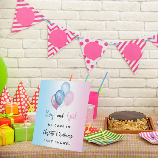 Baby shower jongen meisje blauw roze welkom reclamebord met voetstuk