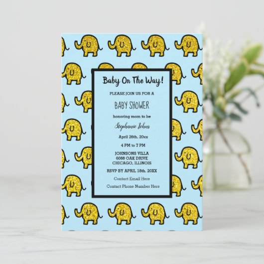 Baby shower Jongen Meisje Olifant Dier Goud Glitte Kaart (Staand voorkant)