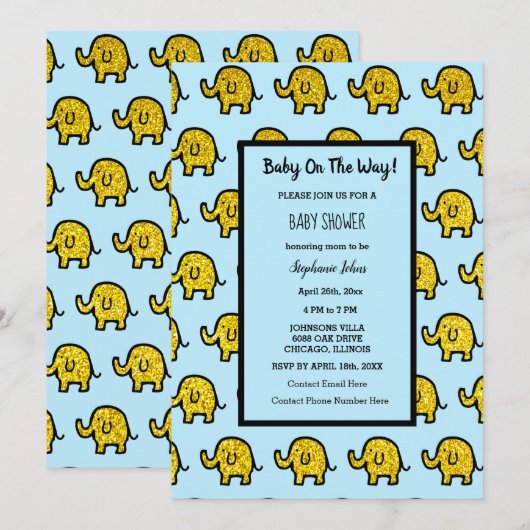 Baby shower Jongen Meisje Olifant Dier Goud Glitte Kaart (Voorkant / Achterkant)