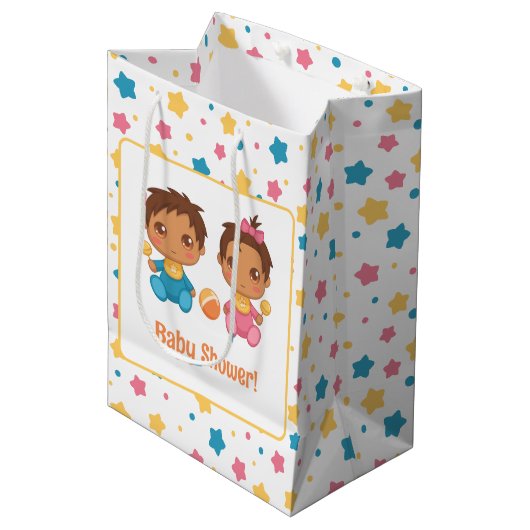 Baby shower Jongen Meisje Twins Sterren Donker Medium Cadeauzakje (Voorkant Gekanteld)