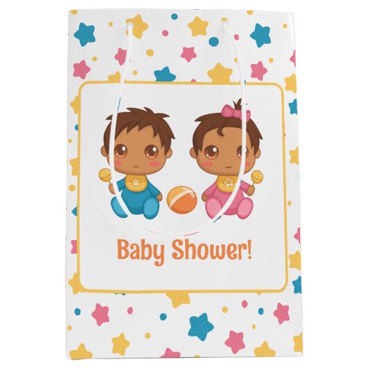 Baby shower Jongen Meisje Twins Sterren Donker Medium Cadeauzakje (Voorkant)
