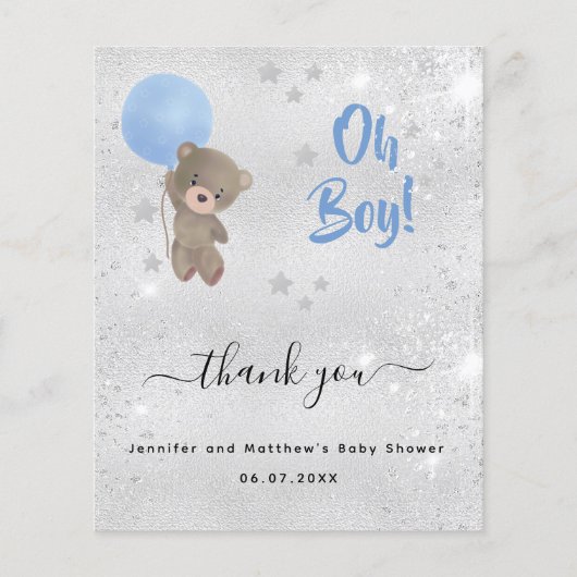 Baby shower jongen teddy beer Silver bedankt (Voorkant)