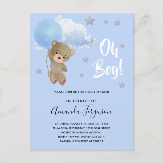 Baby shower jongen teddy blauwe sterren uitnodiging briefkaart (Voorkant)