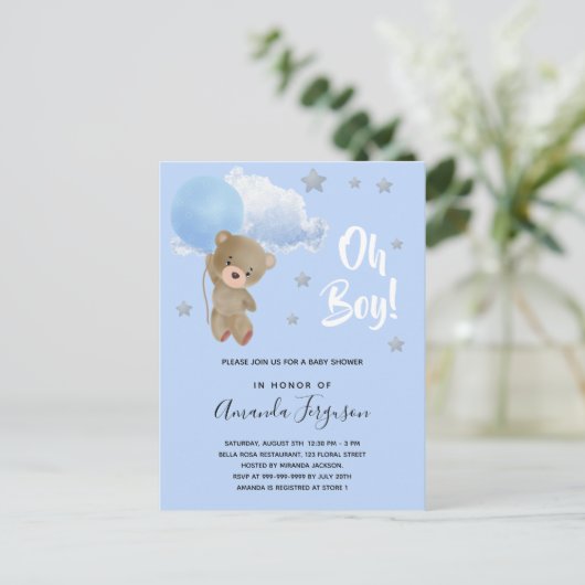 Baby shower jongen teddy blauwe sterren uitnodiging briefkaart (Staand voorkant)