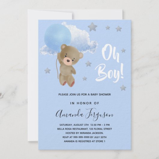 Baby shower jongen teddy draagt blauwe sterren lux kaart (Voorkant)