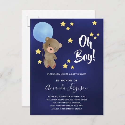 Baby shower jongen teddy draagt marineblauwe sterr uitnodiging briefkaart (Voorkant / Achterkant)