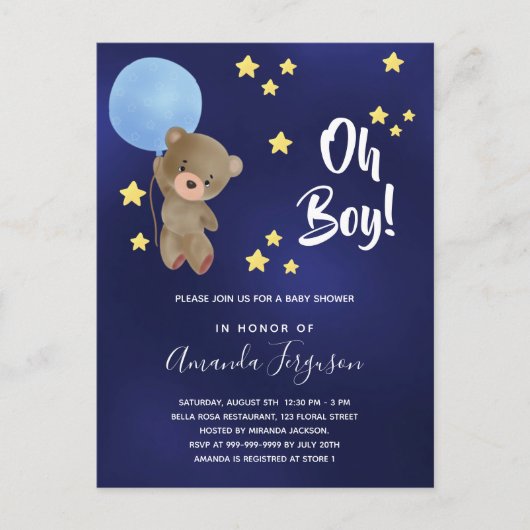 Baby shower jongen teddy draagt marineblauwe sterr uitnodiging briefkaart (Voorkant)