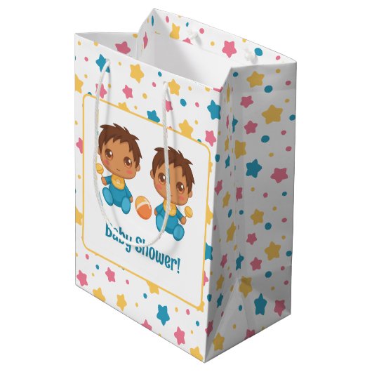 Baby shower Jongen Twins Sterren Donker Medium Cadeauzakje (Achterkant Gekanteld)