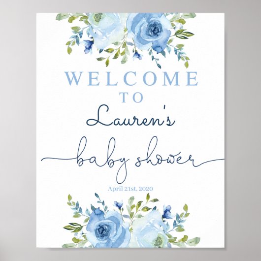 Baby shower jongen welkomstbord, florblauw poster (Voorkant)