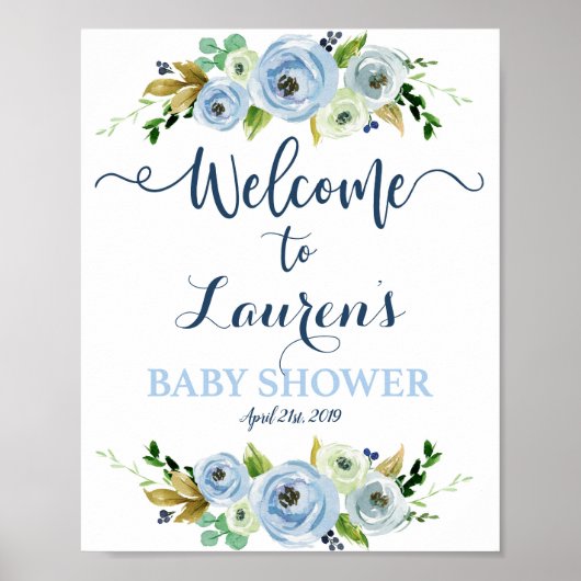 Baby shower jongen welkomstbord, florblauw poster (Voorkant)