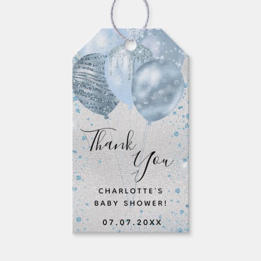Baby Shower jongen zilver blauwe ballonnen bedankt Cadeaulabel (Voorkant)