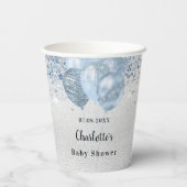 Baby shower jongen zilverblauwe glitterballonnen papieren bekers (Achterkant)