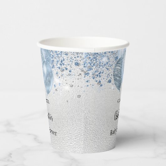 Baby shower jongen zilverblauwe glitterballonnen papieren bekers (Rechts)