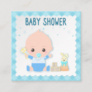 Baby shower kaart, baby jongen en speelgoed. Wensk Informatiekaartje