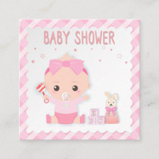 Baby shower kaart, baby meisje en speelgoed. Wensk Informatiekaartje