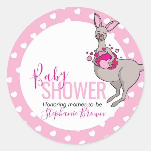 Baby shower kangoeroe zakje van roze harten sticke ronde sticker (Voorkant)