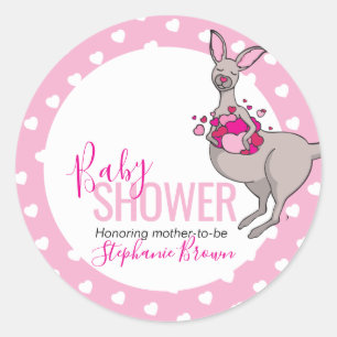 Baby shower kangoeroe zakje van roze harten sticke ronde sticker